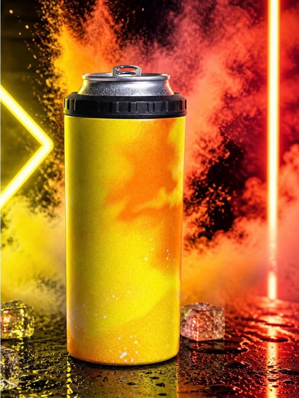Insulated Yellow Drink Can Tumbler with Black Lid